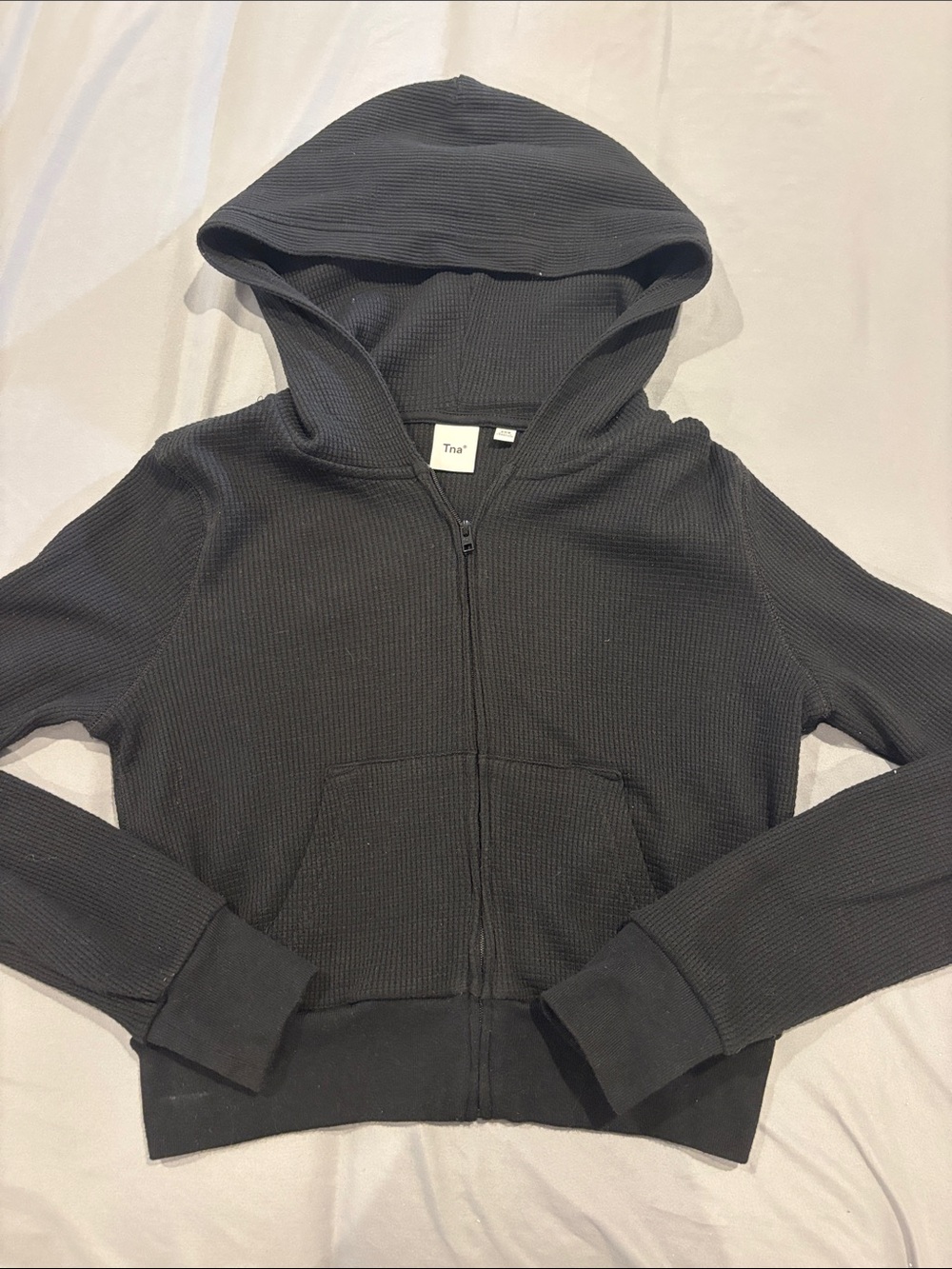 TNA Cropped Black Hooded Waffle-Knit zip up